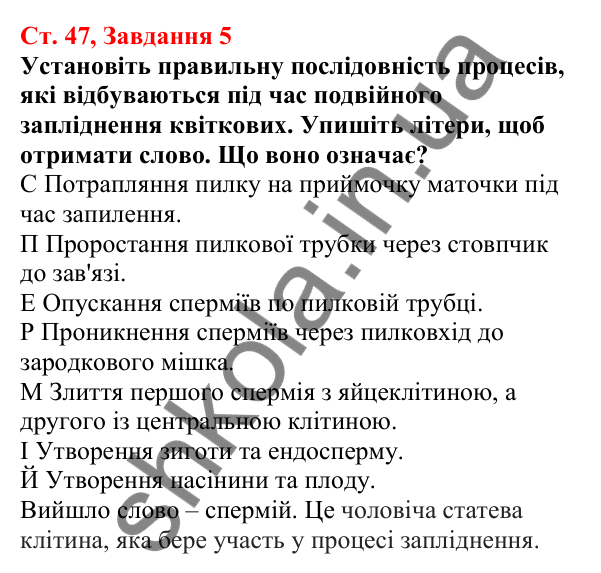 Відповідь до завдання 5 (с. 47) з біології для 7 класу (Кулініч, 2024, робочий зошит): Запилення. Запліднення