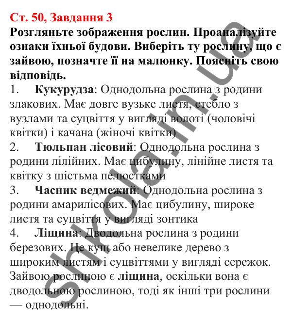 Відповідь до завдання 3 (с. 50) з біології для 7 класу (Кулініч, 2024, робочий зошит): Однодольні