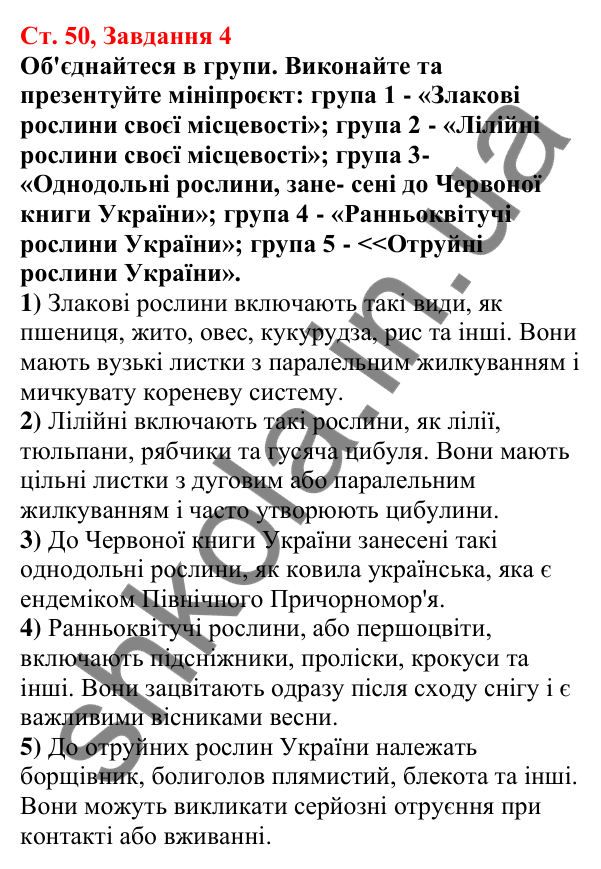 Відповідь до завдання 4 (с. 50) з біології для 7 класу (Кулініч, 2024, робочий зошит): Однодольні