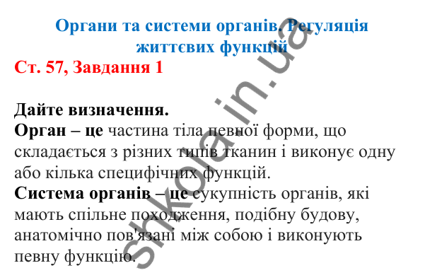 Відповідь до завдання 1 (с. 57) з біології для 7 класу (Кулініч, 2024, робочий зошит): Органи та системи органів. Регуляція життєвих функцій