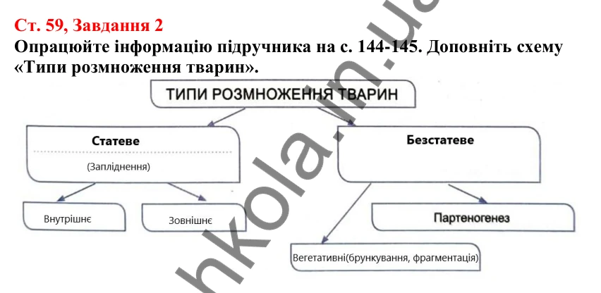 Відповідь до завдання 2 (с. 59) з біології для 7 класу (Кулініч, 2024, робочий зошит): Способи розмноження тварин