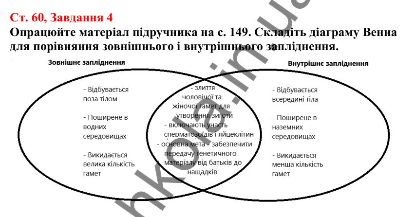Відповідь до завдання 4 (с. 60) з біології для 7 класу (Кулініч, 2024, робочий зошит): Способи розмноження тварин