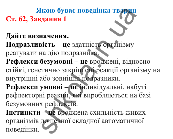 Відповідь до завдання 1 (с. 62) з біології для 7 класу (Кулініч, 2024, робочий зошит): Якою буває поведінка тварин