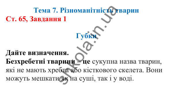 Відповідь до завдання 1 (с. 65) з біології для 7 класу (Кулініч, 2024, робочий зошит): Губки