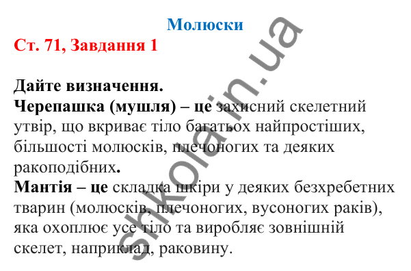 Відповідь до завдання 1 (с. 71) з біології для 7 класу (Кулініч, 2024, робочий зошит): Молюски