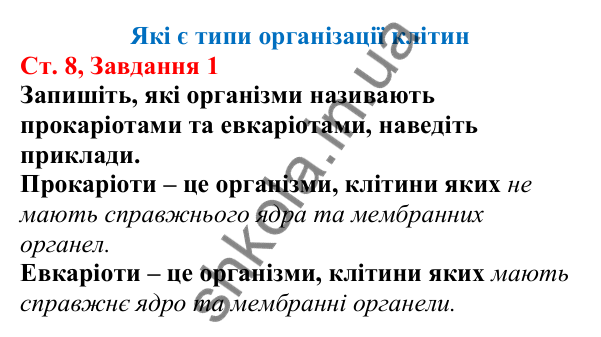 Відповідь до завдання 1 (с. 8) з біології для 7 класу (Кулініч, 2024, робочий зошит): Які є типи організації клітин
