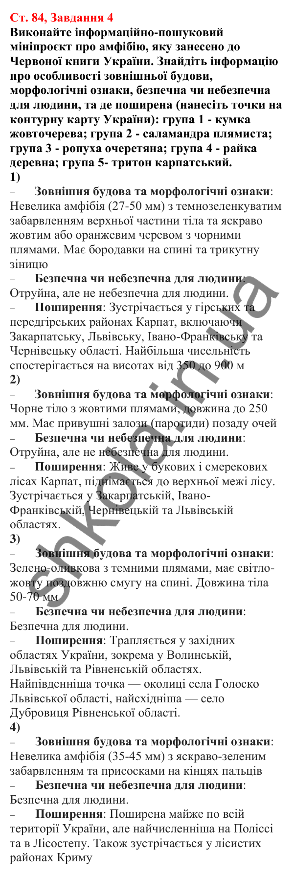 Відповідь до завдання 4 (с. 84) з біології для 7 класу (Кулініч, 2024, робочий зошит): Амфібії