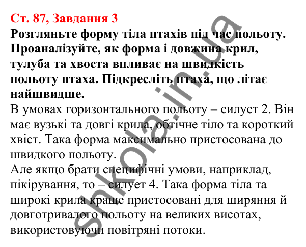 Відповідь до завдання 3 (с. 87) з біології для 7 класу (Кулініч, 2024, робочий зошит): Птахи: риси пристосованості до польоту