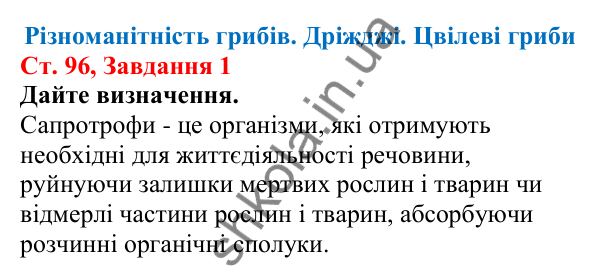 Відповідь до завдання 1 (с. 96) з біології для 7 класу (Кулініч, 2024, робочий зошит): Різноманітність грибів. Дріжджі. Цвілеві гриби