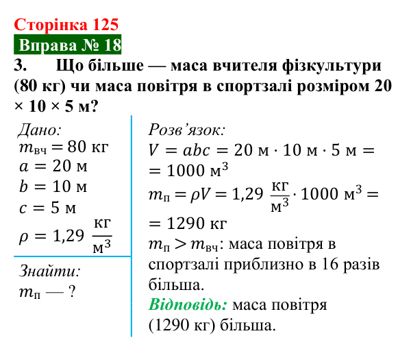 Відповідь до вправи № 18, завдання 3 (с. 125) з фізики для 7 класу (Бар’яхтар, 2024): Задачі на масу й густину