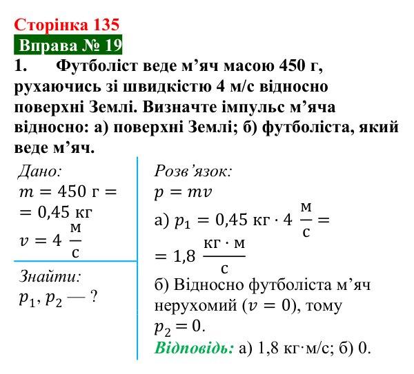 Відповідь до вправи № 19, завдання 1 (с. 135) з фізики для 7 класу (Бар’яхтар, 2024): Імпульс тіла. Закон збереження імпульсу