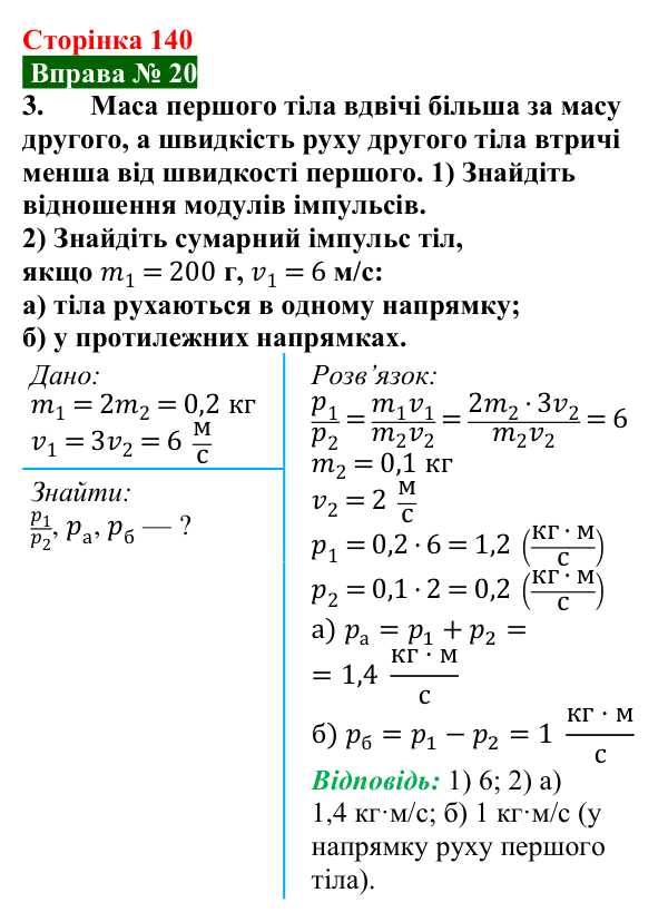 Відповідь до вправи № 20, завдання 3 (с. 140) з фізики для 7 класу (Бар’яхтар, 2024): Задачі на закон збереження імпульсу