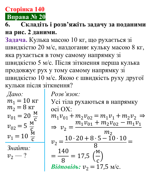 Відповідь до вправи № 20, завдання 6 (с. 140) з фізики для 7 класу (Бар’яхтар, 2024): Задачі на закон збереження імпульсу