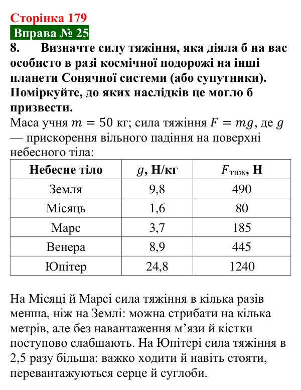 Відповідь до вправи № 25, завдання 8 (с. 179) з фізики для 7 класу (Бар’яхтар, 2024): Сила тяжіння. Вага тіла