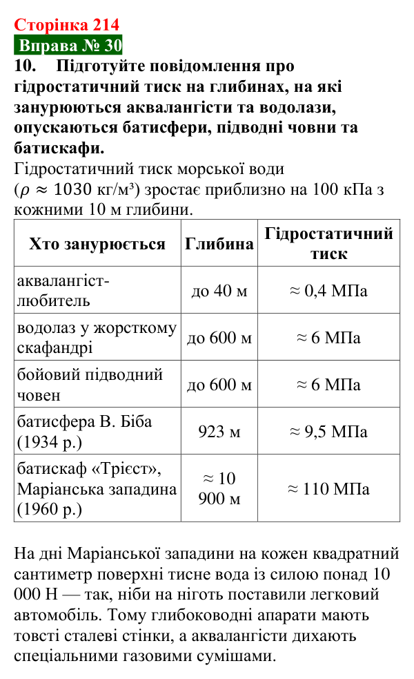 Відповідь до вправи № 30, завдання 10 (с. 214) з фізики для 7 класу (Бар’яхтар, 2024): Гідростатичний тиск