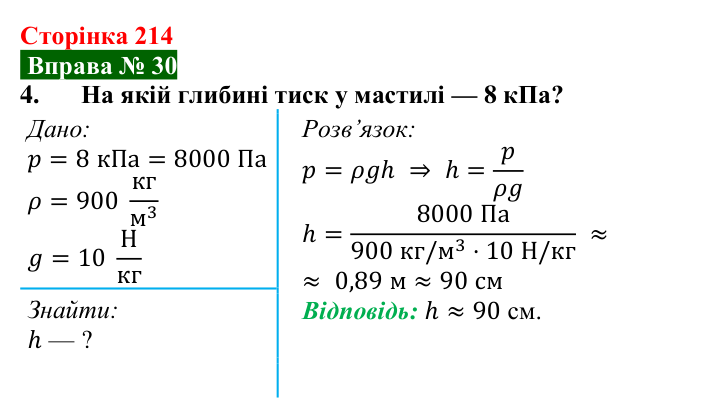 Відповідь до вправи № 30, завдання 4 (с. 214) з фізики для 7 класу (Бар’яхтар, 2024): Гідростатичний тиск