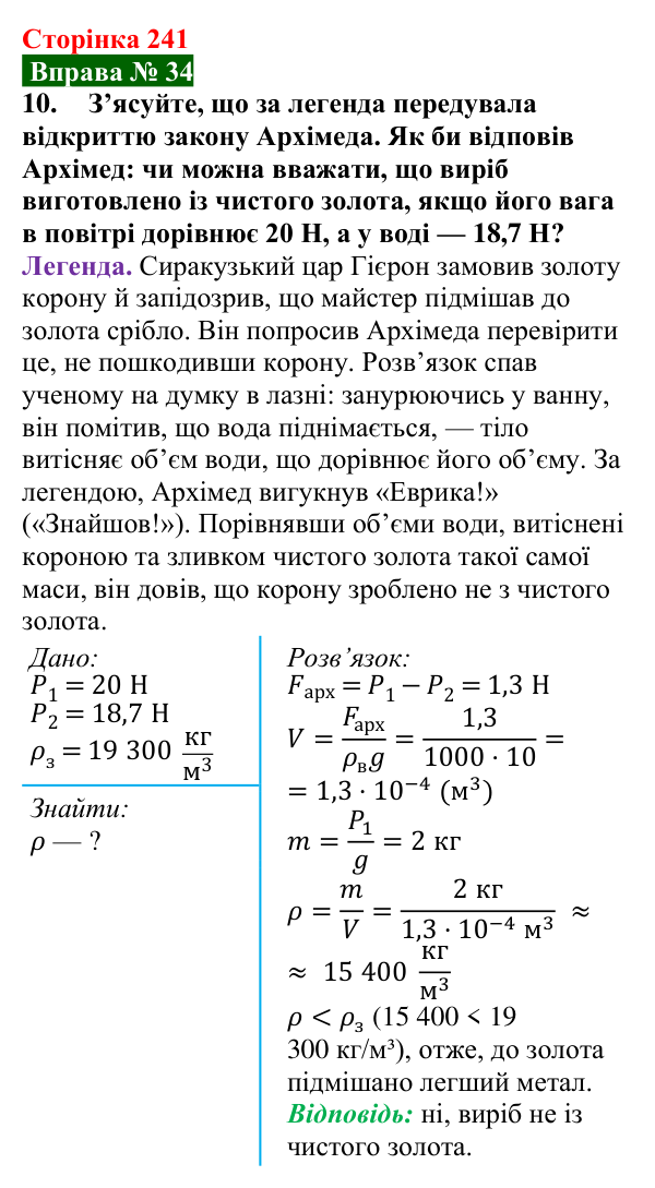 Відповідь до вправи № 34, завдання 10 (с. 241) з фізики для 7 класу (Бар’яхтар, 2024): Виштовхувальна сила. Закон Архімеда
