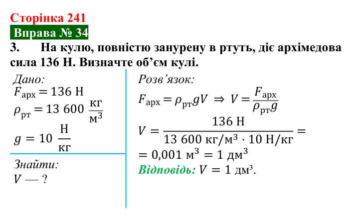 Відповідь до вправи № 34, завдання 3 (с. 241) з фізики для 7 класу (Бар’яхтар, 2024): Виштовхувальна сила. Закон Архімеда