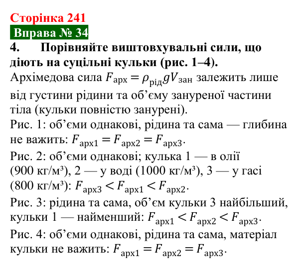 Відповідь до вправи № 34, завдання 4 (с. 241) з фізики для 7 класу (Бар’яхтар, 2024): Виштовхувальна сила. Закон Архімеда