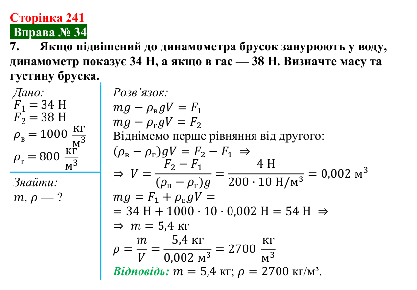 Відповідь до вправи № 34, завдання 7 (с. 241) з фізики для 7 класу (Бар’яхтар, 2024): Виштовхувальна сила. Закон Архімеда