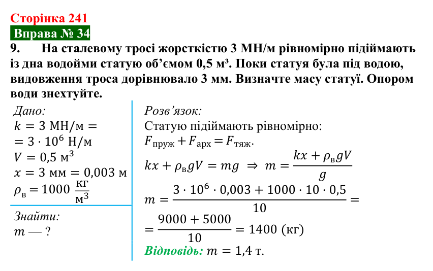 Відповідь до вправи № 34, завдання 9 (с. 241) з фізики для 7 класу (Бар’яхтар, 2024): Виштовхувальна сила. Закон Архімеда