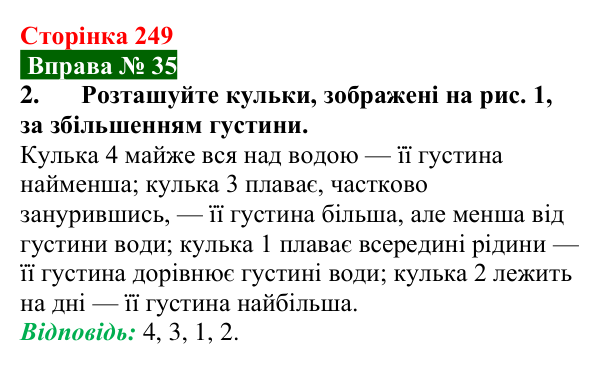 Відповідь до вправи № 35, завдання 2 (с. 249) з фізики для 7 класу (Бар’яхтар, 2024): Умови плавання тіл