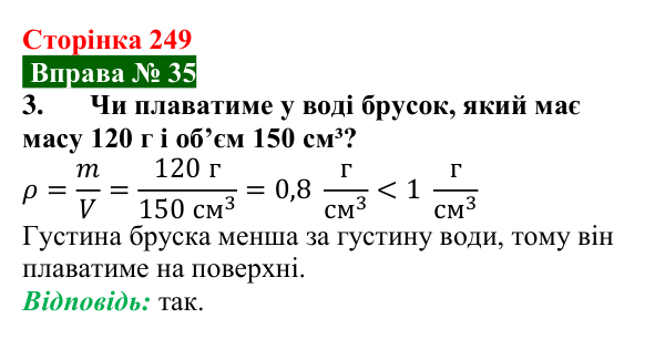 Відповідь до вправи № 35, завдання 3 (с. 249) з фізики для 7 класу (Бар’яхтар, 2024): Умови плавання тіл
