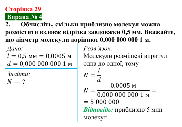 Відповідь до вправи № 4, завдання 2 (с. 29) з фізики для 7 класу (Бар’яхтар, 2024): Види матерії. Будова речовини