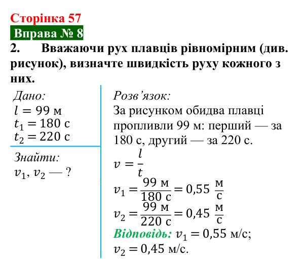 Відповідь до вправи № 8, завдання 2 (с. 57) з фізики для 7 класу (Бар’яхтар, 2024): Рівномірний рух. Швидкість руху
