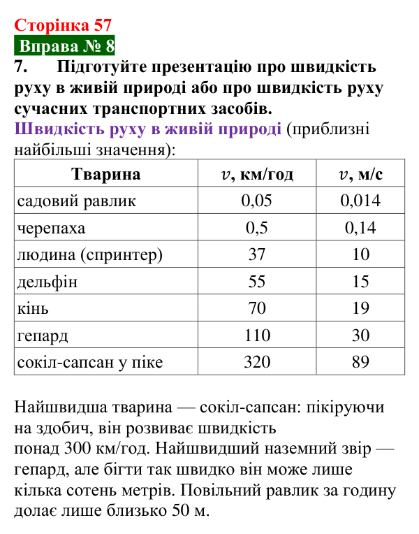 Відповідь до вправи № 8, завдання 7 (с. 57) з фізики для 7 класу (Бар’яхтар, 2024): Рівномірний рух. Швидкість руху