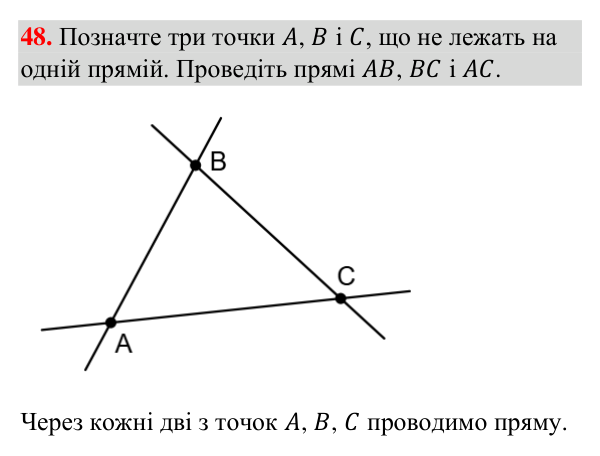Відповідь до завдання 48 (с. 18) з геометрії для 7 класу (Бурда, 2024): Точки, прямі, промені