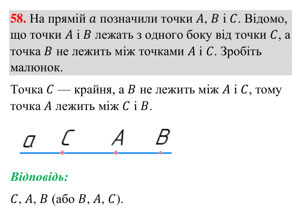 Завдання 58 Відповідь до завдання 58 (с. 20) з геометрії для 7 класу (Бурда, 2024): Точки, прямі, промені