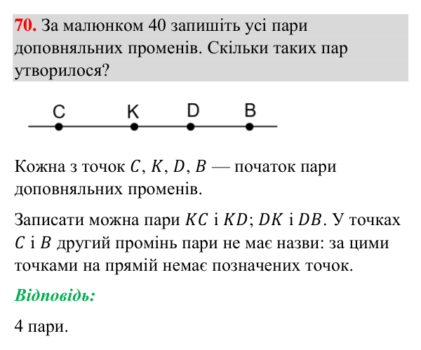 Відповідь до завдання 70 (с. 21) з геометрії для 7 класу (Бурда, 2024): Точки, прямі, промені