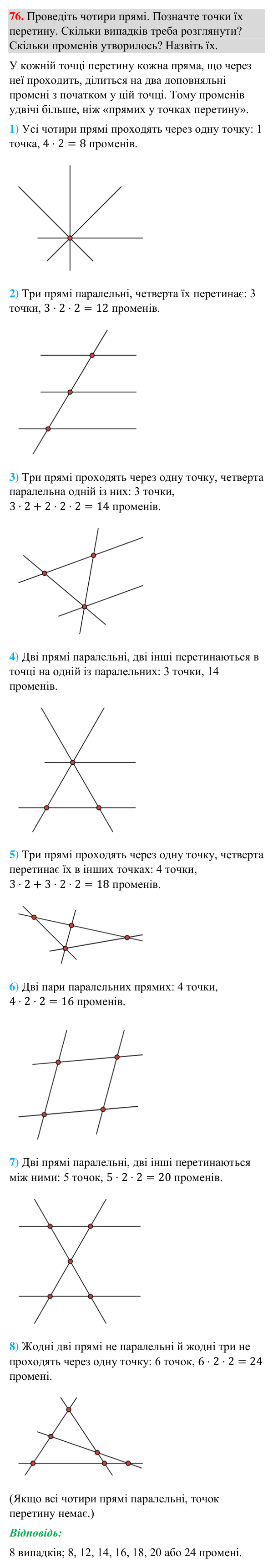 Відповідь до завдання 76 (с. 22) з геометрії для 7 класу (Бурда, 2024): Точки, прямі, промені