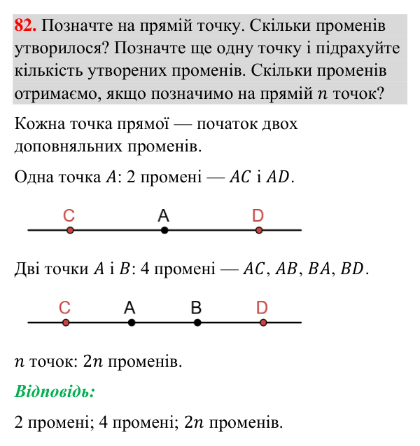 Завдання 82 Відповідь до завдання 82 (с. 22) з геометрії для 7 класу (Бурда, 2024): Точки, прямі, промені