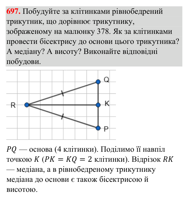 Відповідь до завдання 697 (с. 168) з геометрії для 7 класу (Бурда, 2024): Властивості й ознака рівнобедреного трикутника