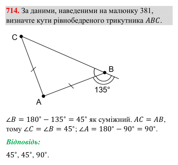 Відповідь до завдання 714 (с. 170) з геометрії для 7 класу (Бурда, 2024): Властивості й ознака рівнобедреного трикутника