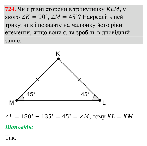 Завдання 724 Відповідь до завдання 724 (с. 171) з геометрії для 7 класу (Бурда, 2024): Властивості й ознака рівнобедреного трикутника