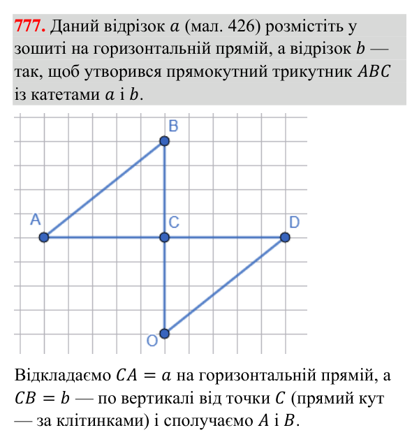 Завдання 777 Відповідь до завдання 777 (с. 186) з геометрії для 7 класу (Бурда, 2024): Ознаки рівності прямокутних трикутників