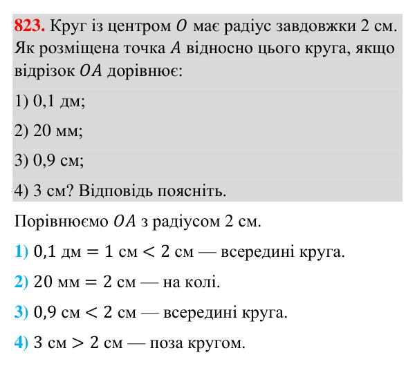 Відповідь до завдання 823 (с. 198) з геометрії для 7 класу (Бурда, 2024): Коло і круг