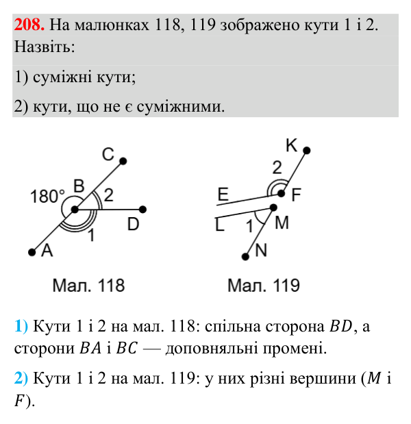 Завдання 208 Відповідь до завдання 208 (с. 59) з геометрії для 7 класу (Бурда, 2024): Суміжні кути