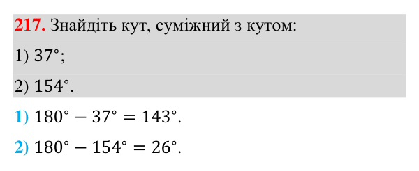 Відповідь до завдання 217 (с. 60) з геометрії для 7 класу (Бурда, 2024): Суміжні кути
