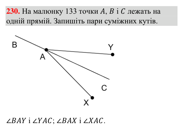 Відповідь до завдання 230 (с. 62) з геометрії для 7 класу (Бурда, 2024): Суміжні кути