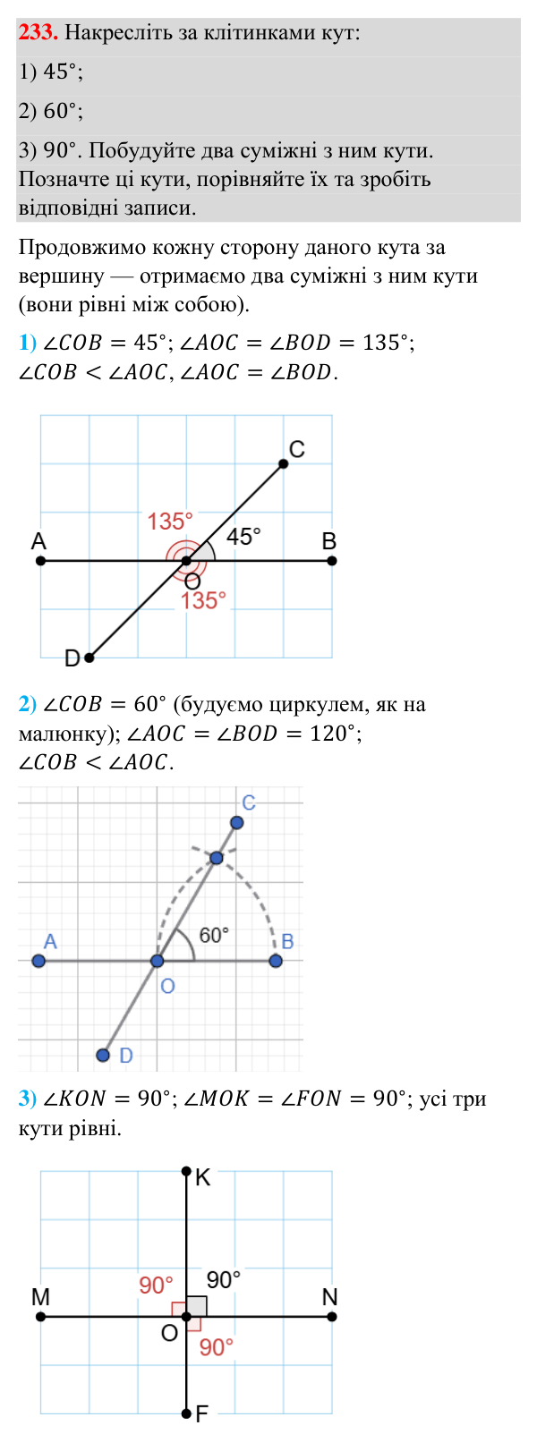 Завдання 233 Відповідь до завдання 233 (с. 62) з геометрії для 7 класу (Бурда, 2024): Суміжні кути