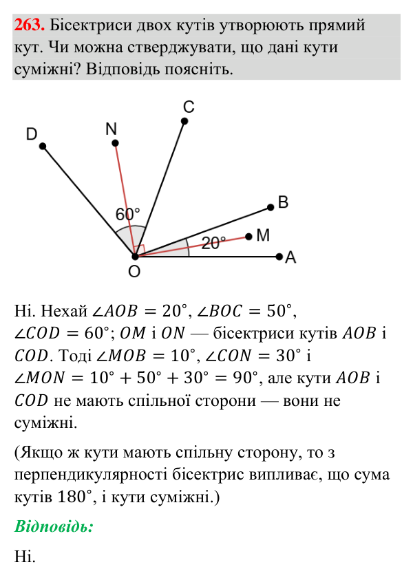 Відповідь до завдання 263 (с. 64) з геометрії для 7 класу (Бурда, 2024): Суміжні кути