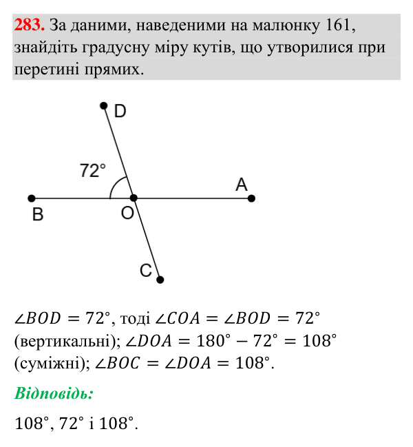 Завдання 283 Відповідь до завдання 283 (с. 72) з геометрії для 7 класу (Бурда, 2024): Вертикальні кути