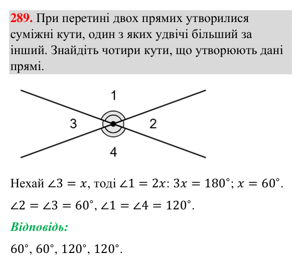 Відповідь до завдання 289 (с. 73) з геометрії для 7 класу (Бурда, 2024): Вертикальні кути