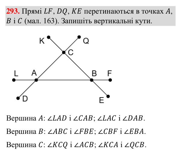 Відповідь до завдання 293 (с. 73) з геометрії для 7 класу (Бурда, 2024): Вертикальні кути