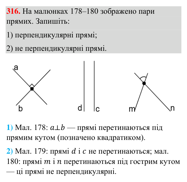 Відповідь до завдання 316 (с. 81) з геометрії для 7 класу (Бурда, 2024): Перпендикулярні прямі