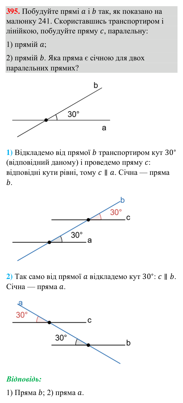 Завдання 395 Відповідь до завдання 395 (с. 104) з геометрії для 7 класу (Бурда, 2024): Ознаки паралельності прямих